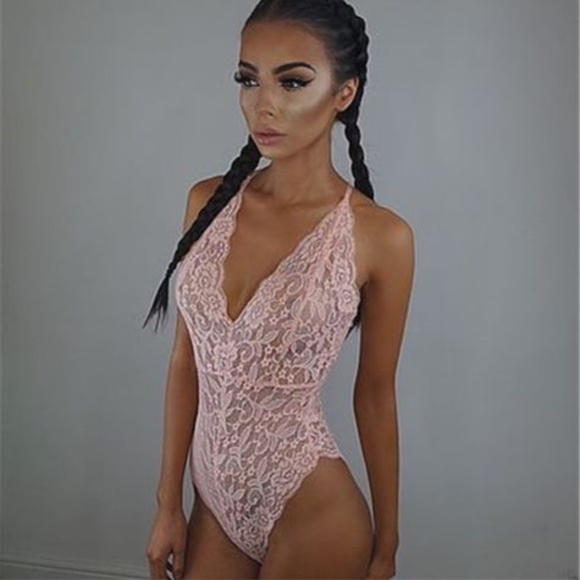 Other - Sexy Sheer Pink Lace Stretchy Bodysuit Romper